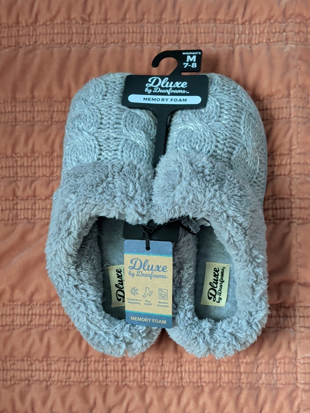 dearfoams Women’s Plush Cable Knit Memory Foam Slippers in Light Gray